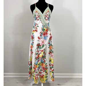 CBR Fruit & Floral Maxi Slip Dress M Boho Vacay Festival Artsy Coastal Chic